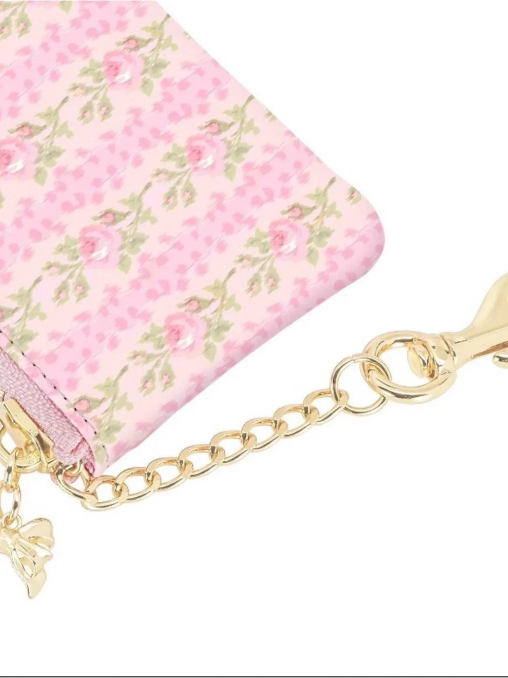 LoveShackFancy Pink Floral Key & Card Pouch Strawberry Macaroon with Gold Bow